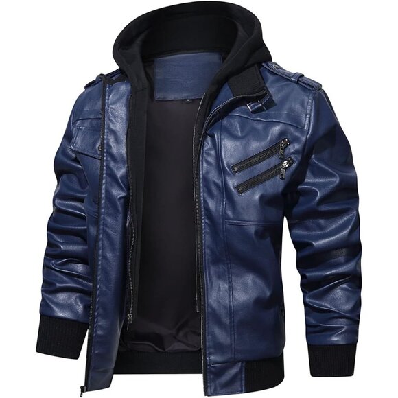 Men’s Navy Blue Stand Collar PU Faux Leather Bomber Jacket With a Removable Hood - Picture 2 of 6